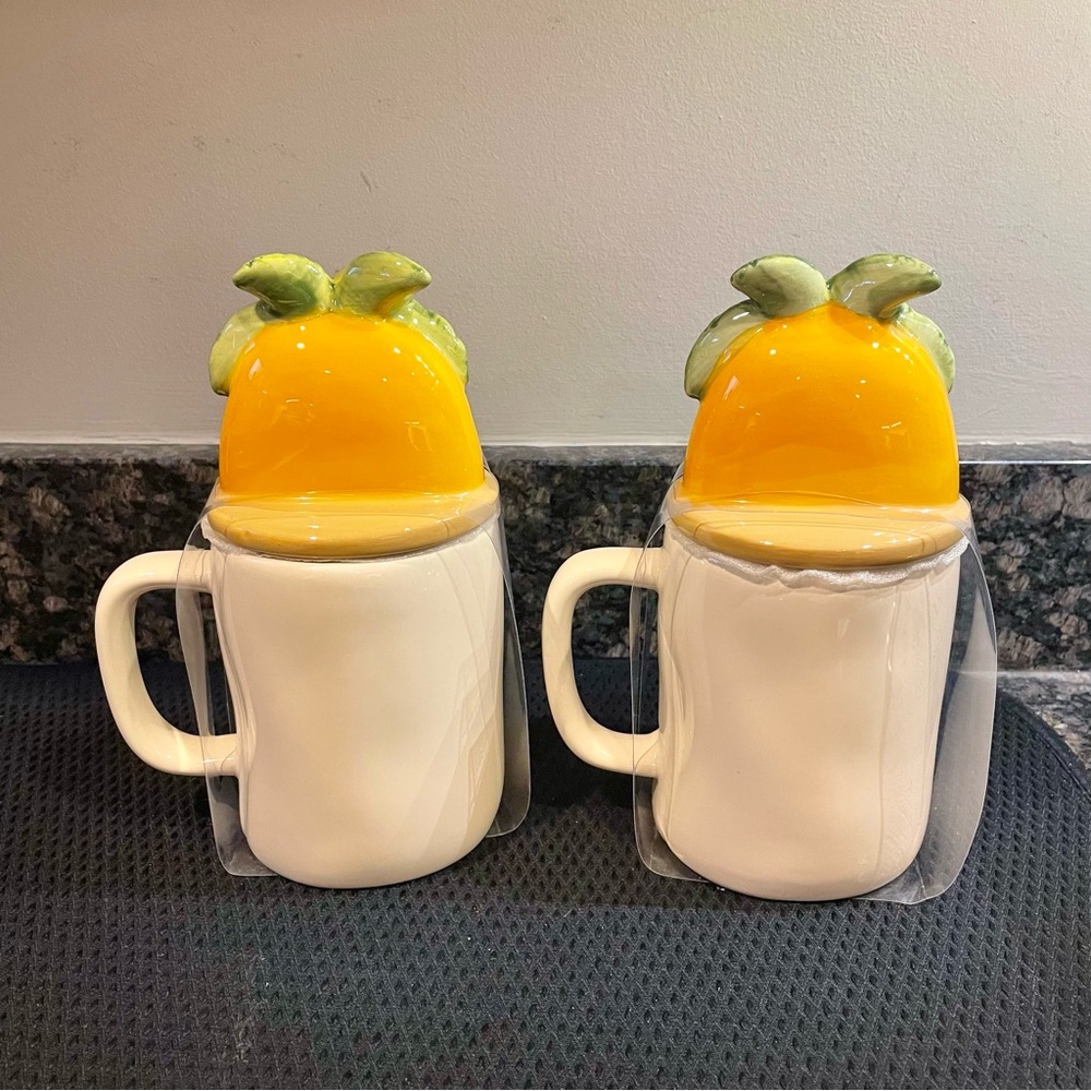 Rae Dunn Sunrise Sunburn Sunset Mugs Cups W Palm Tree Lid Cover – Set of 2 New - Picture 2 of 8